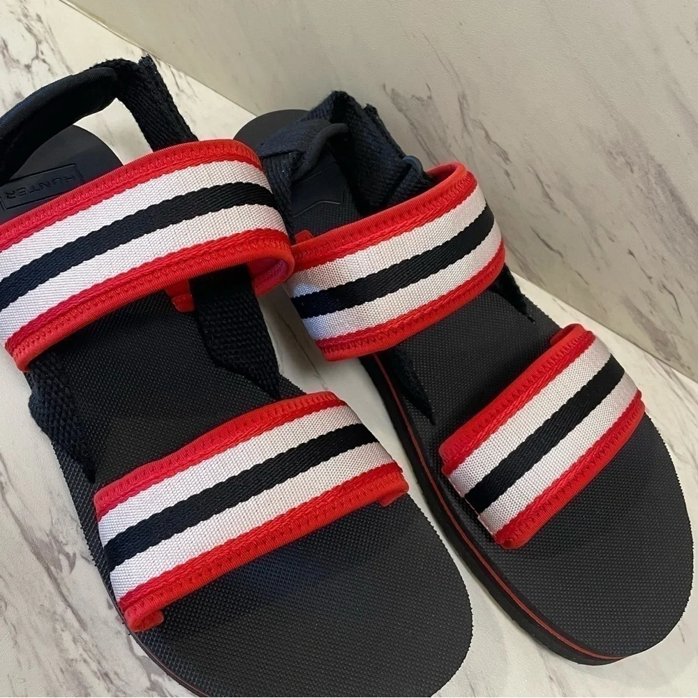 Hunter Original Beach Sandal Strap Hook Loop Red Black White Stripe Sz UK 10